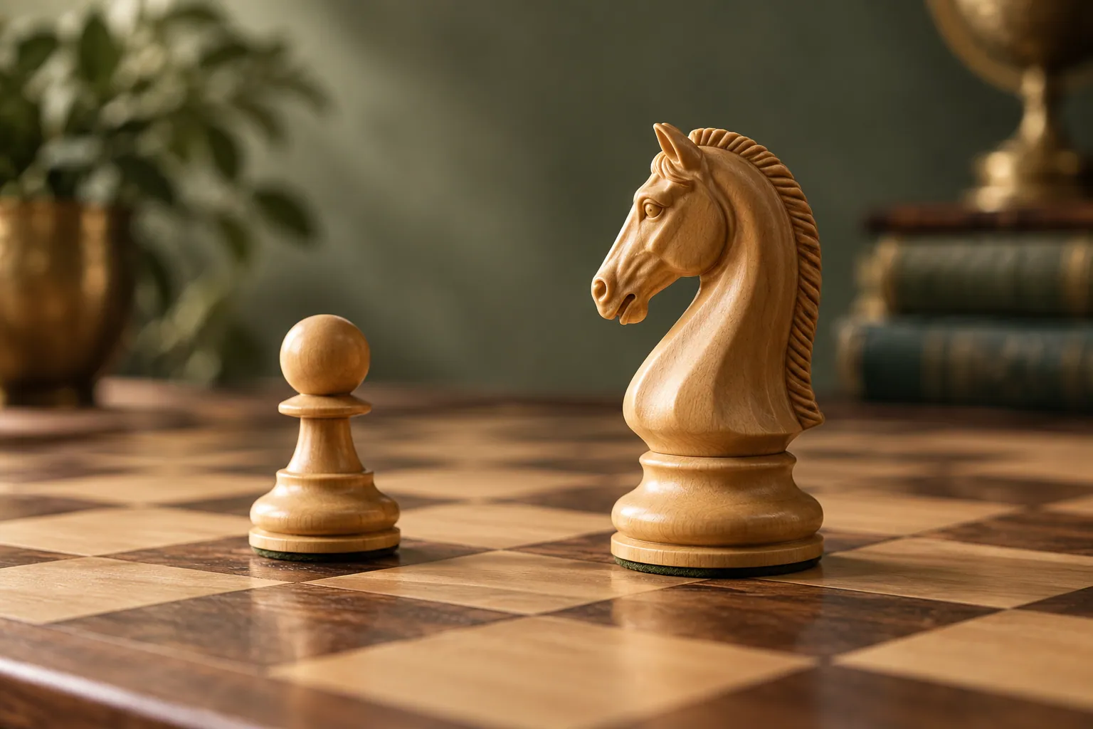 A carved wooden knight and pawn on a chessboard