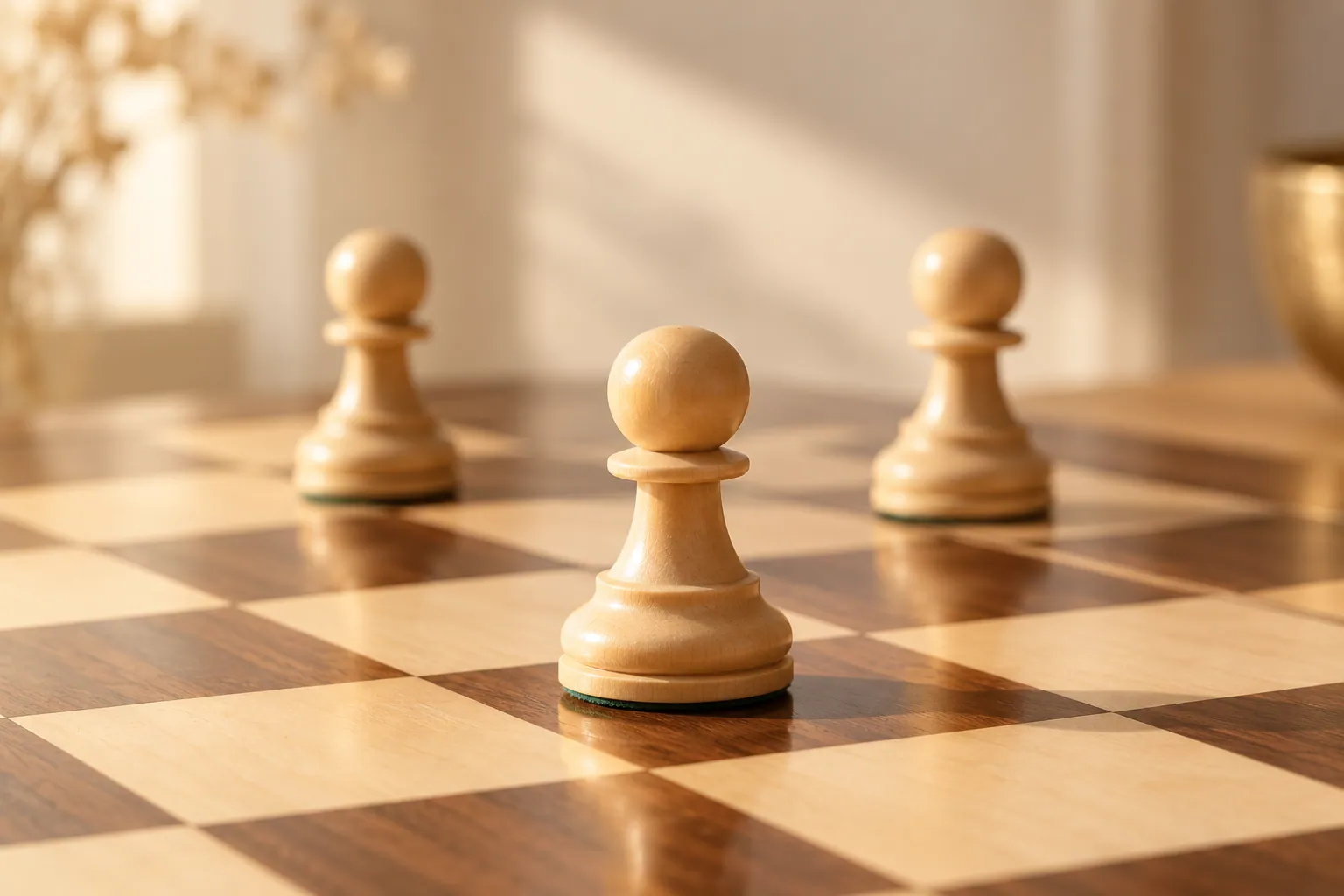 Boxwood pawns on a wooden chessboard