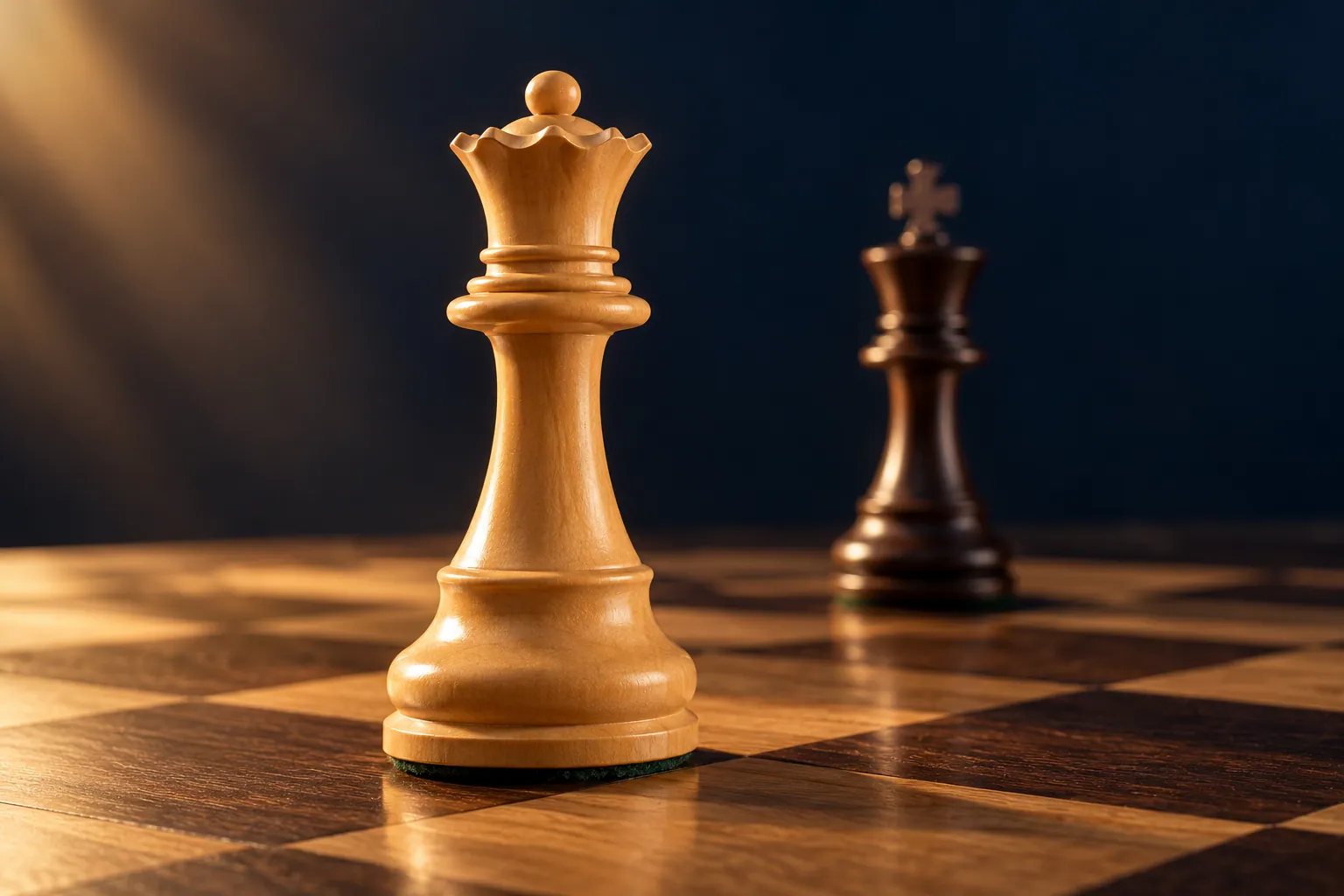 A wooden king and queen on a chessboard