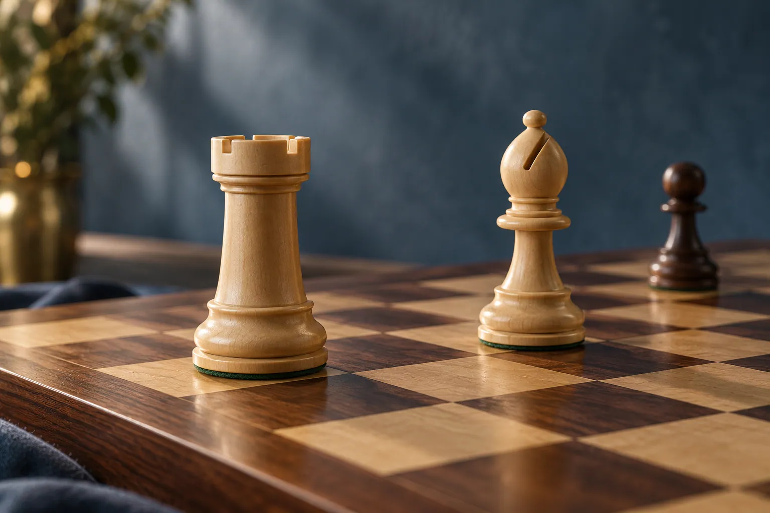 A wooden rook and bishop on a chessboard