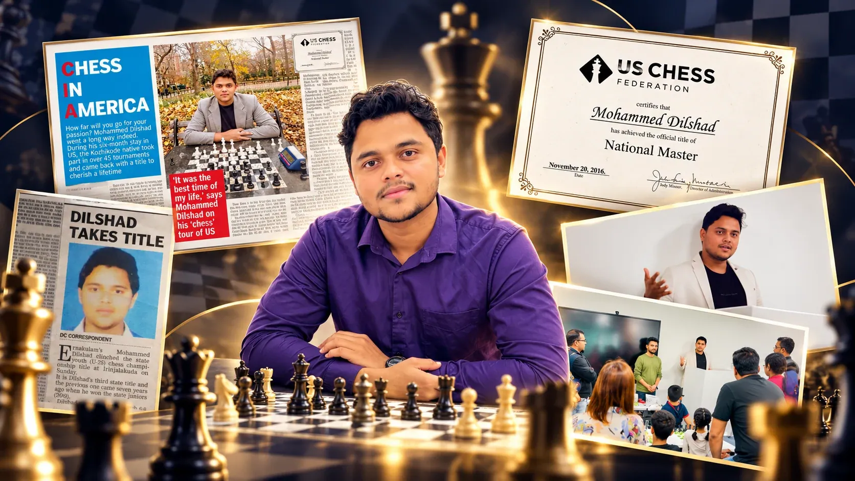 Founder collage featuring Dilshad Mohammed at the chessboard, his National Master certificate, newspaper clippings, and teaching moments.
