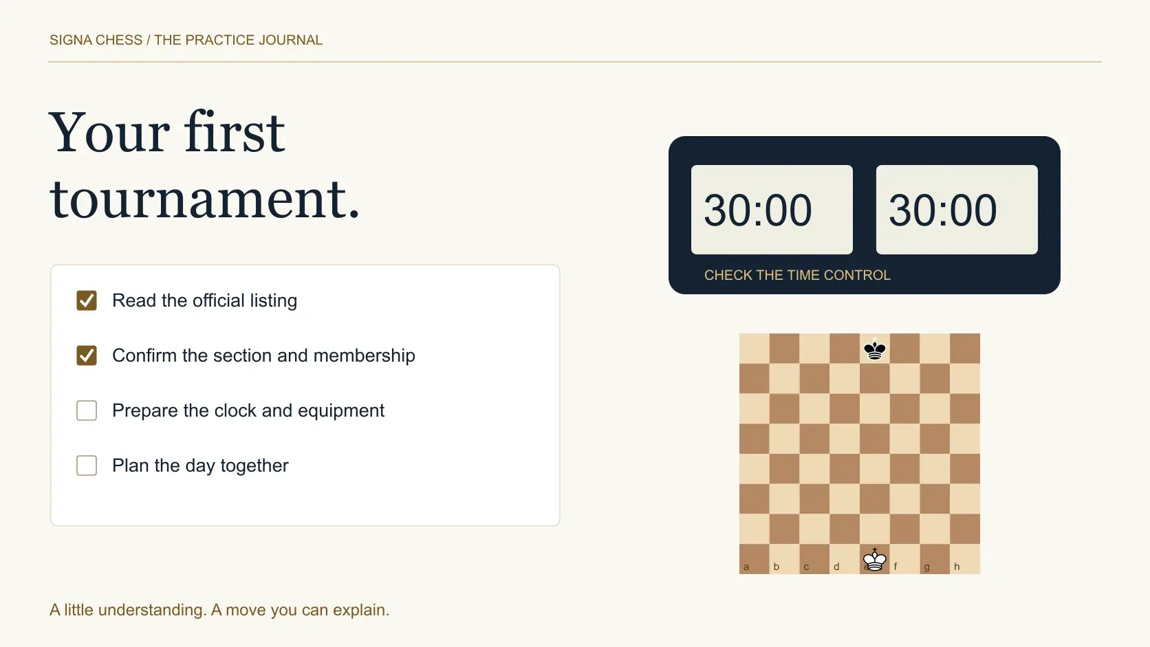 A tournament checklist and chess clock beside a small teaching board.