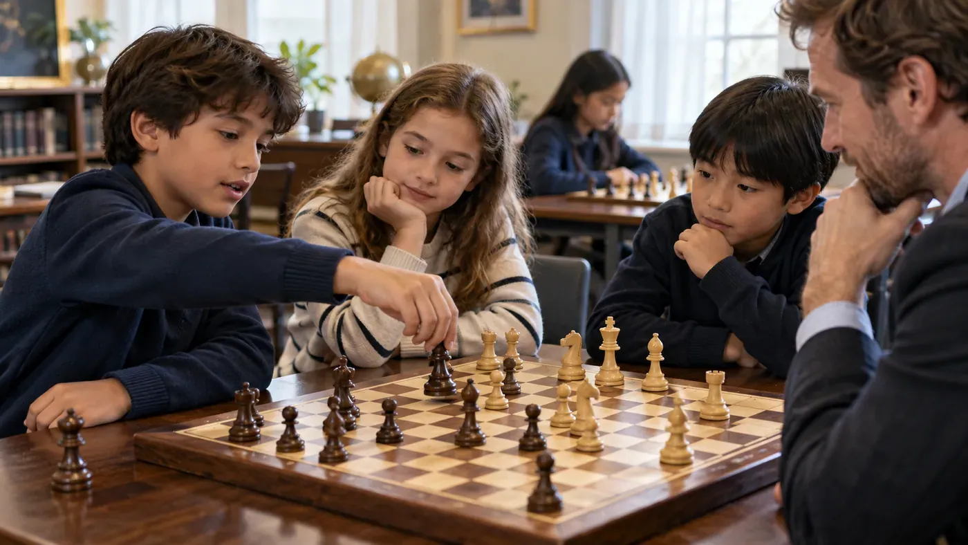 A small group of students and a coach discussing a chess position together.