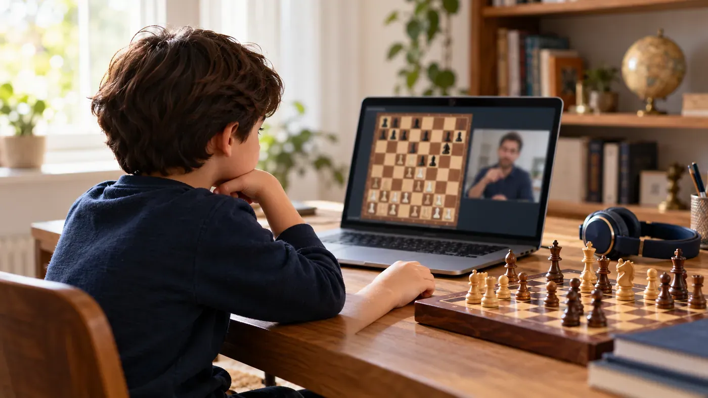 A child follows an online chess lesson on a laptop beside a physical chessboard.