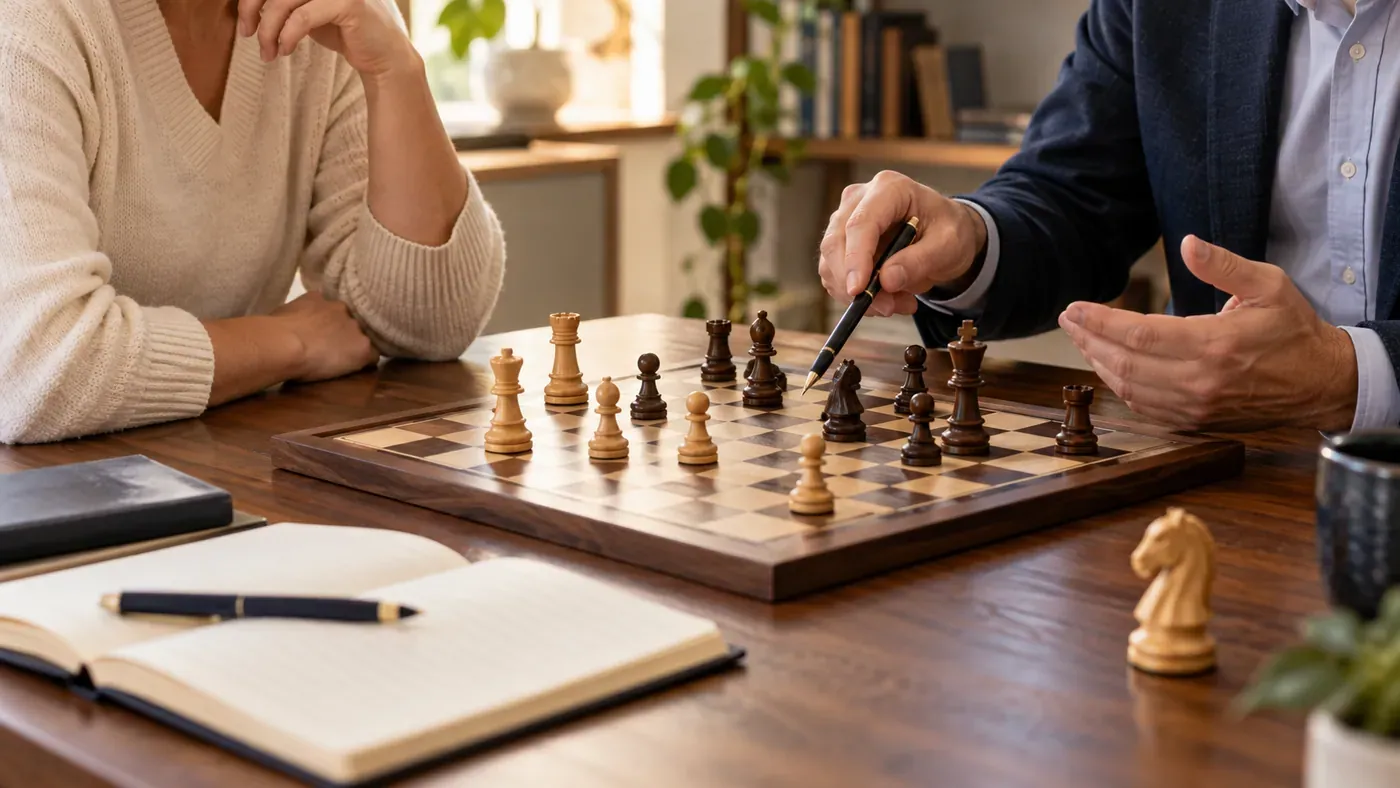 A parent and chess coach discuss a position over a board and notebook.