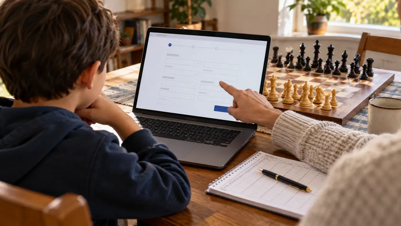 A parent and child review a blank registration page beside a chessboard.