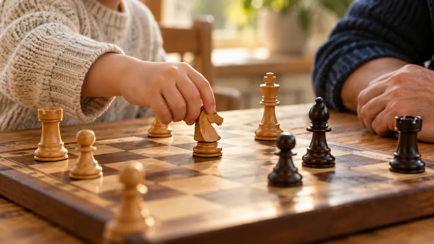 A young learner places a wooden knight while an adult offers quiet support.