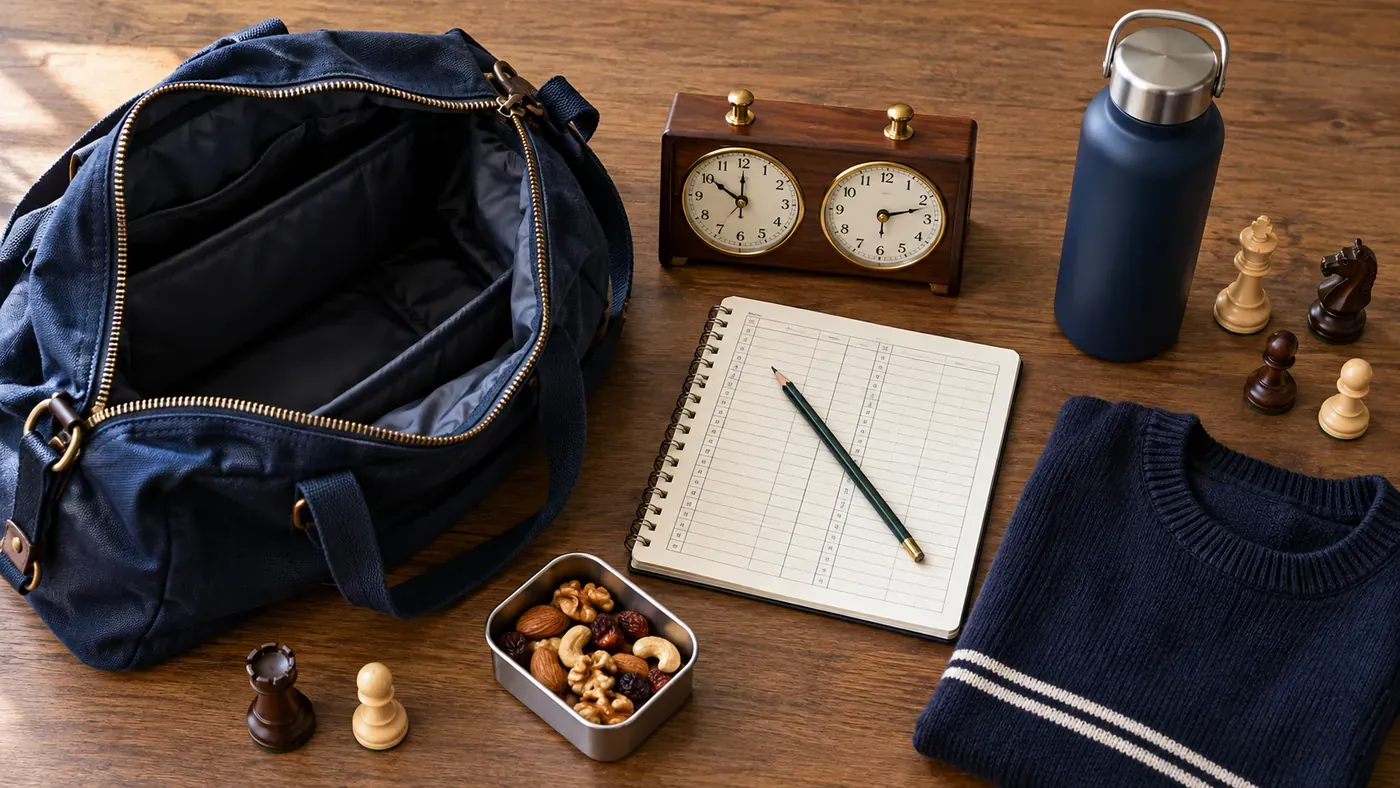 A tournament bag with a chess clock, scorebook, water, snack, and sweater arranged for the day.
