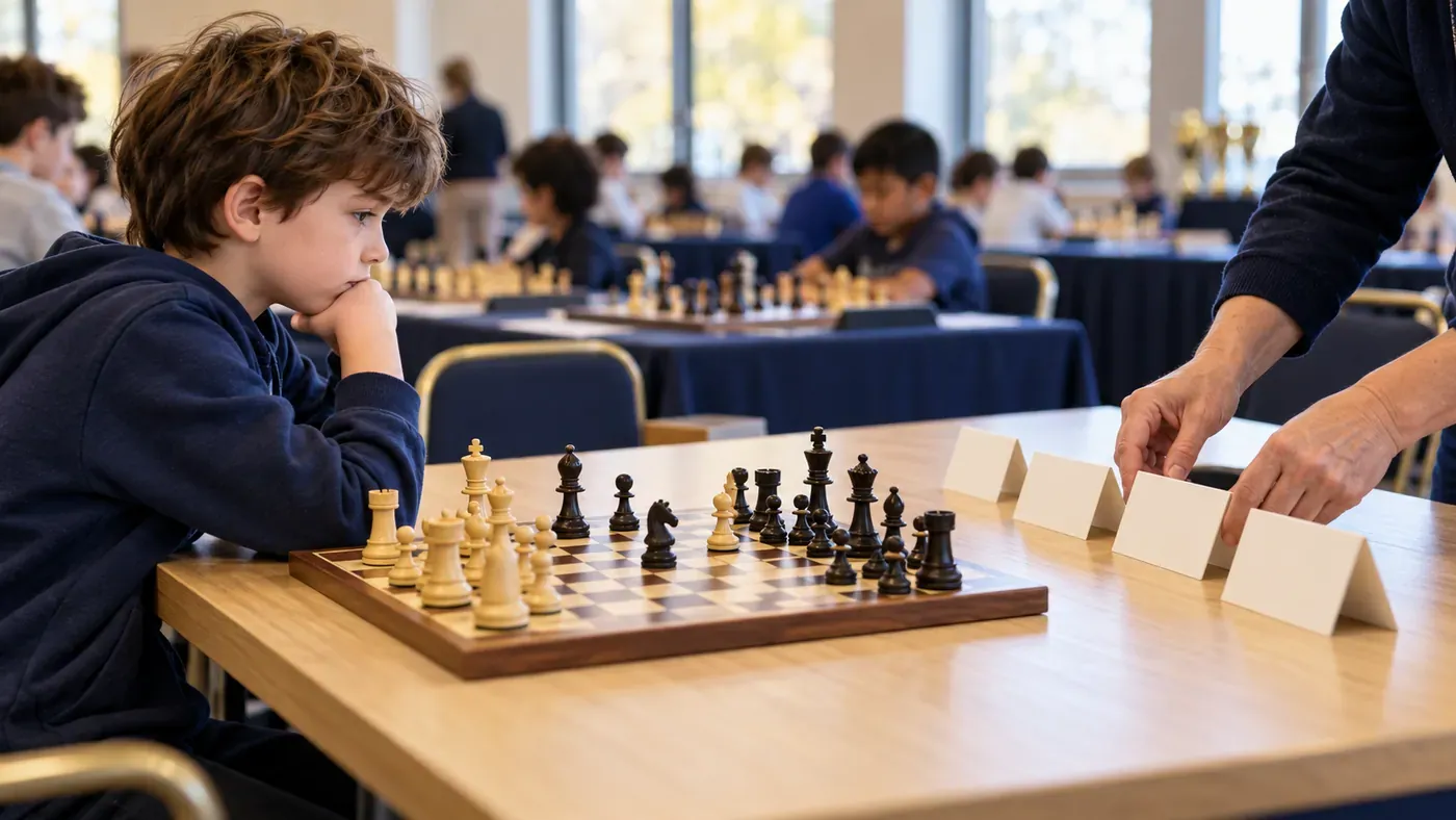 A young player considers a chess position as event staff arrange blank section cards.