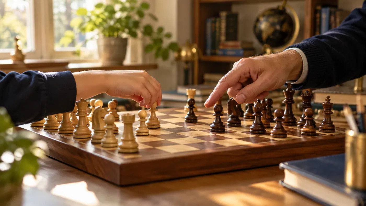 A coach guides a child’s hand as they make a first move on a wooden chessboard.